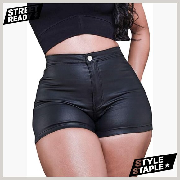 Other - High Waist Faux Leather Shorts, Zipper Front, Stretchy PU Material